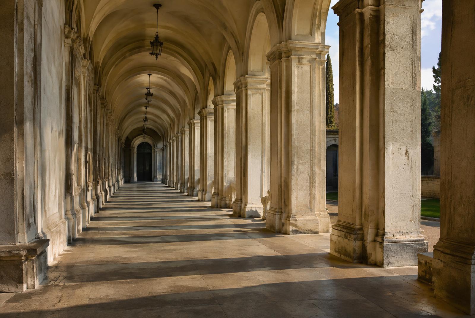 A long colonnade of pale stone arches with sunlight and shadow on the floor