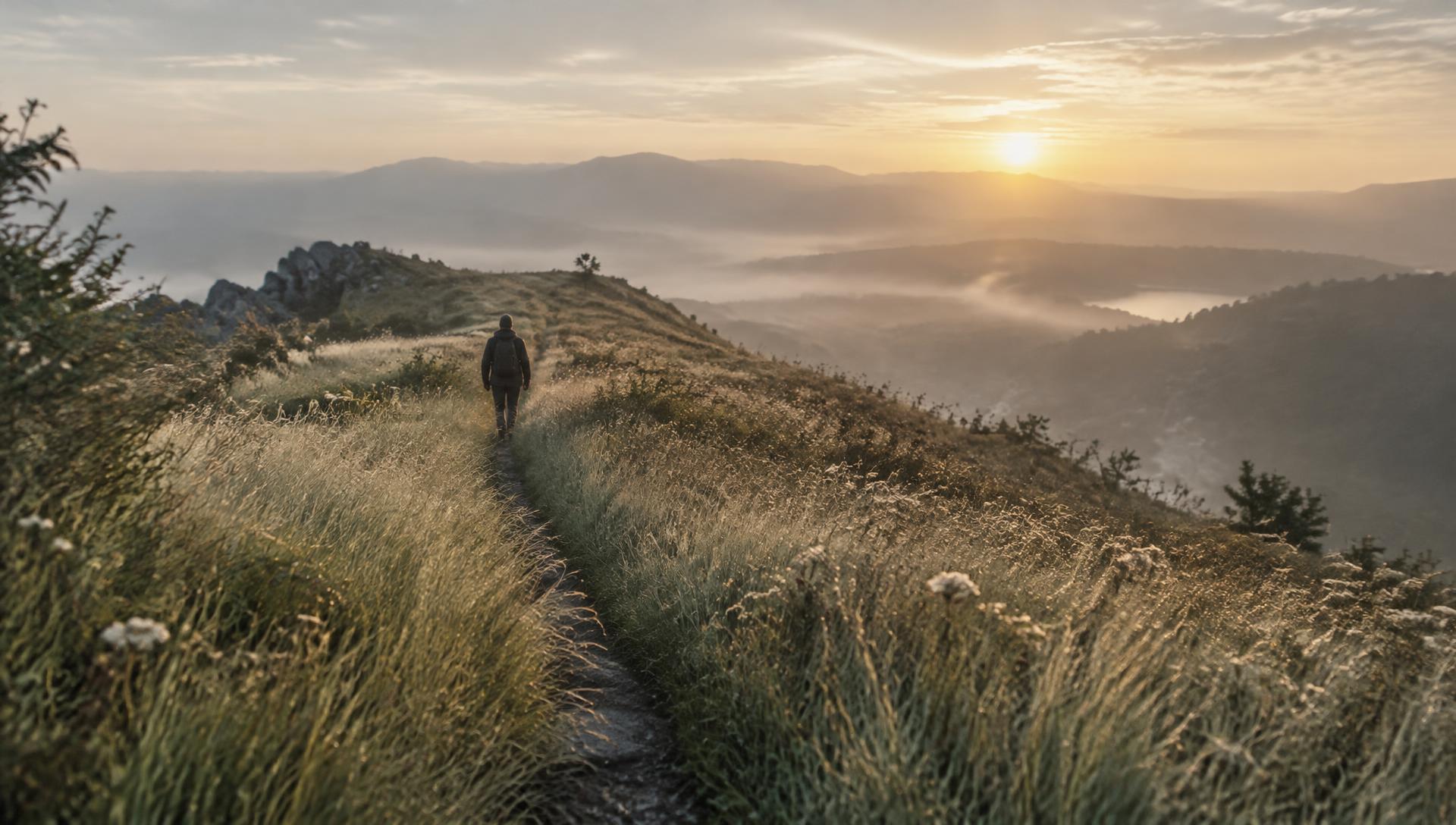 A lone walker on a narrow footpath through tall grasses toward a misty sunrise