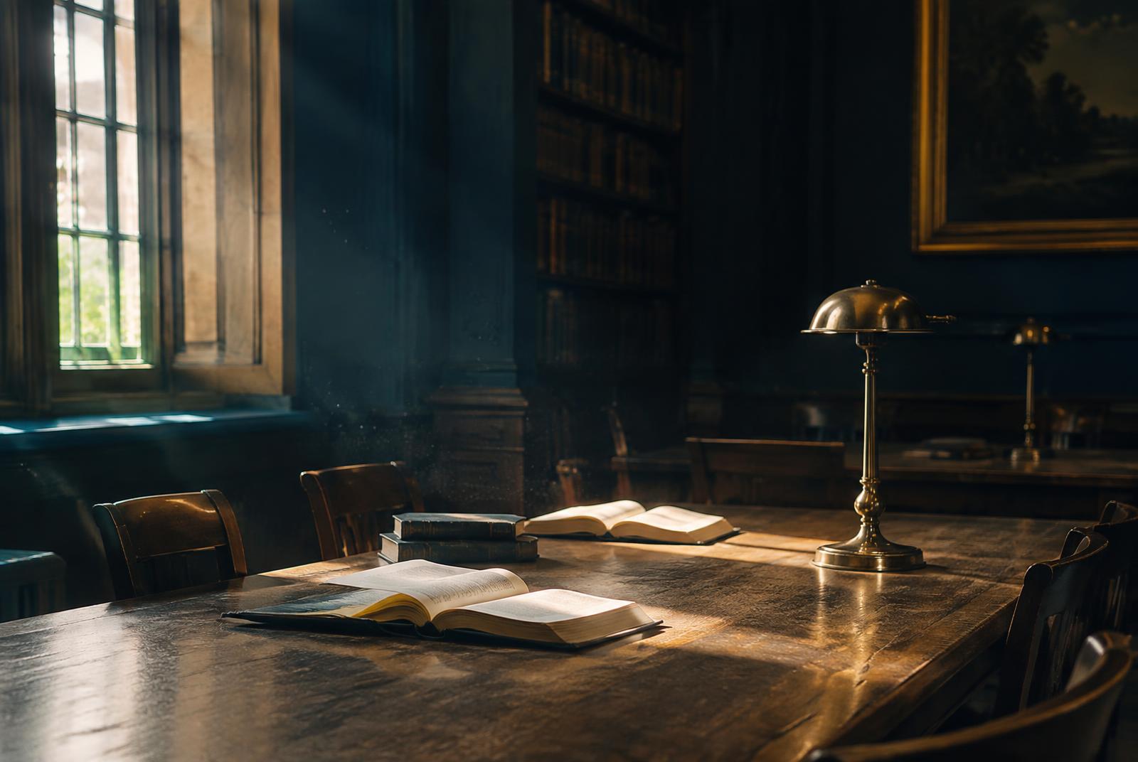 An old reading room table with open books and a brass lamp in a beam of window light